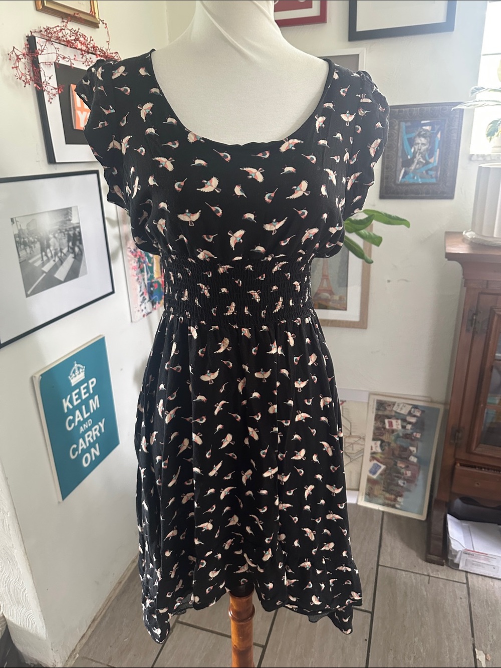 American Rag CIE black high-low dress featuring a whimsical bird print Small